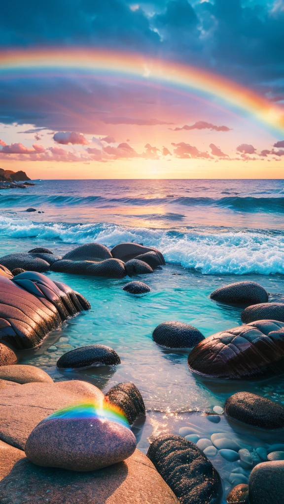there is a rainbow in the sky over a beach with rocks and pebbles, an illustration of by Igor Grabar, trending on shutterstock, fine art, seashore, magical beach, sunny rainbow galaxy stormy sea, colorful hd picure, near the seashore, rainbow reflections, just one rainbow 8 k, beach landscape, still of rainbow ophanim, calm vivid colors