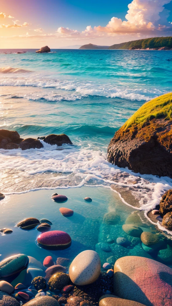 there is a rainbow in the sky over a beach with rocks and pebbles, an illustration of by Igor Grabar, trending on shutterstock, fine art, seashore, magical beach, sunny rainbow galaxy stormy sea, colorful hd picure, near the seashore, rainbow reflections, just one rainbow 8 k, beach landscape, still of rainbow ophanim, calm vivid colors