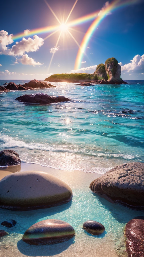 there is a rainbow in the sky over a beach with rocks and pebbles, an illustration of by Igor Grabar, trending on shutterstock, fine art, seashore, magical beach, sunny rainbow galaxy stormy sea, colorful hd picure, near the seashore, rainbow reflections, just one rainbow 8 k, beach landscape, still of rainbow ophanim, calm vivid colors