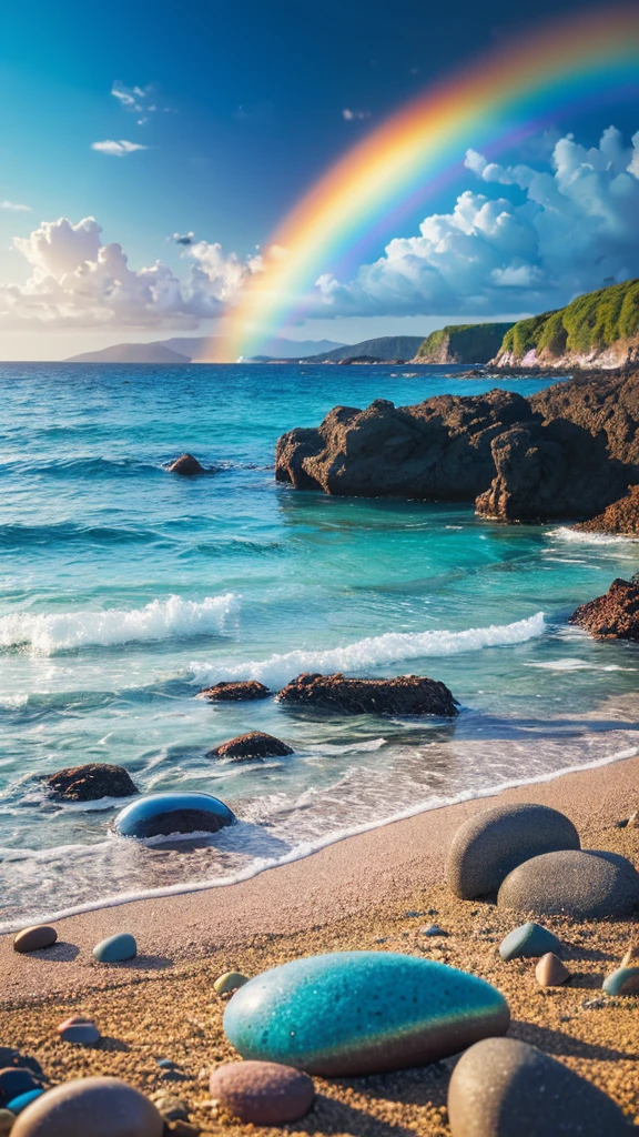 there is a rainbow in the sky over a beach with rocks and pebbles, an illustration of by Igor Grabar, trending on shutterstock, fine art, seashore, magical beach, sunny rainbow galaxy stormy sea, colorful hd picure, near the seashore, rainbow reflections, just one rainbow 8 k, beach landscape, still of rainbow ophanim, calm vivid colors
