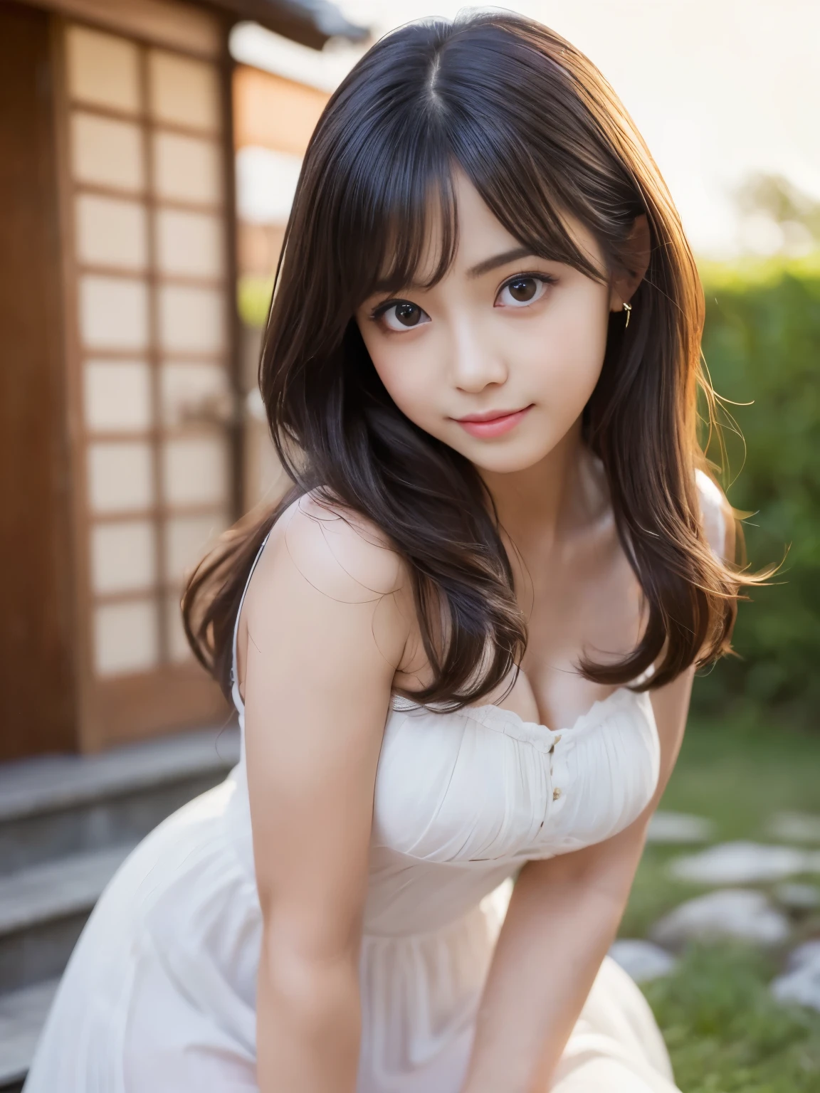 (Best-quality, Masterpiece, Ultra-High-Resolution, (Photorealistic:1.4), Raw Photo, depth of field, professional lighting, perfect anatomy, extremely details), (((from below, dynamic pose))), 1girl, the most famous Japanese idol, wearing long-dress, looking down, innocent smile, (extremely cute and extremely realistic face like the most popular Japanese idol, ((extremely cute and extremely realistic big-eyes)), extremely cute and extremely realistic hair), (((extremely cute and extremely realistic skins))), extremely cute body, extremely cute thighs, dynamic pose
