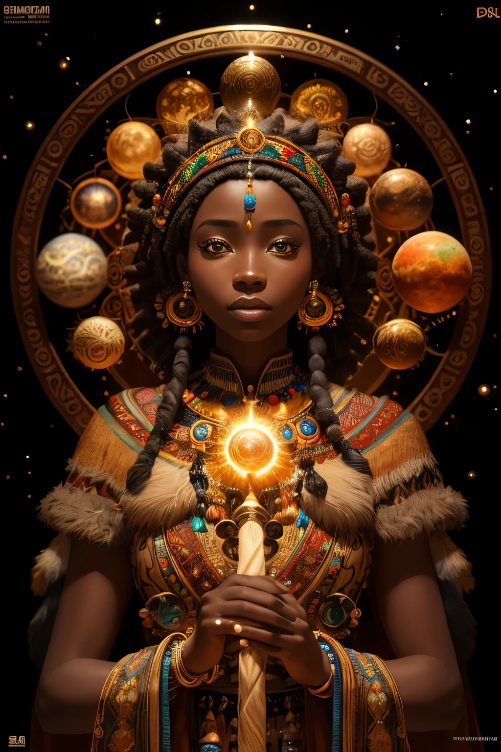 3D Masterpiece and Hyper-Realistic Art of an African Shaman Woman, elegantly adorned in an intricately designed dress crafted from hides and fur, gracefully holds a mystic staff. The captivating solar system and horoscopes brilliantly illuminate the backdrop, creating a mesmerizing and fantastical scene. The high definition imagery, displayed at a staggering 32k resolution in ultra HD, showcases the intricate details and clarity of each element. The captivating image, meticulously rendered with Octane 3D, continues to trend popularly on platforms such as ArtStation and CG Society 9. Furthermore, an upscale