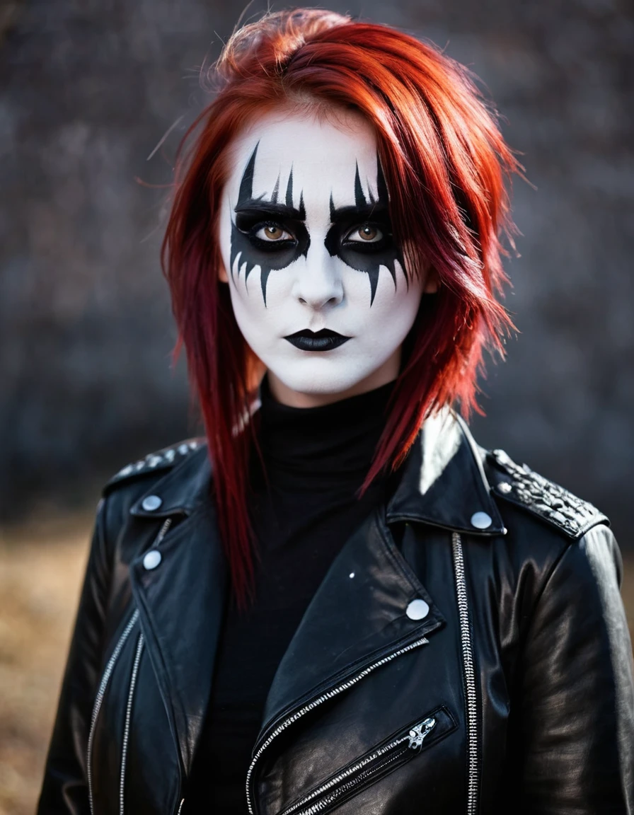 1 girl, Black Metal "corpse paint" facepaint, Black Metal makeup, shag hair medium short, emotionless face, confident face, red hair color, wearing leather jacket