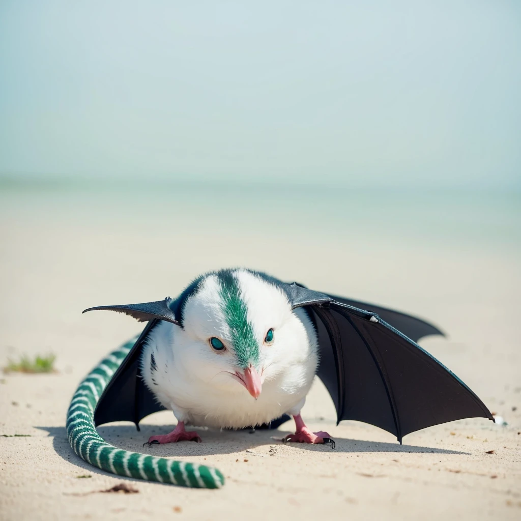 Small Animaly, has green stripes on his skin, blue eyes, seagull mixed with bat, Grassroots, no background