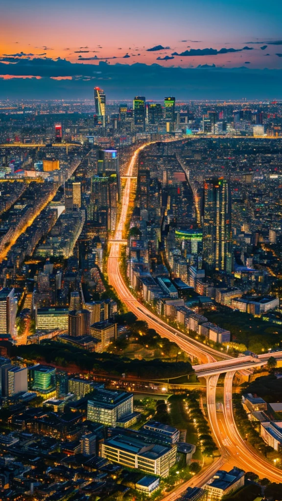a view of a city with tall buildings and a green park, a picture by Naondo Nakamura, unsplash, sōsaku made, tokyo japan, arafed view of a field of flowers with a sunset in the background, floral sunset, warm beautiful scene, beautiful sunrise, flowers sea everywhere, sunset warm spring, beautiful sunset, magnificent background, vibrant sunrise, beautiful sunset glow, breathtaking landscape, stunning sunset, field of flowers, at sunrise in springtime, sunset glow, beautiful sunrise lighting, flower field, sunset sunrise tokyo city, tokyo city in the background, tokio, tokyo, japanese city, tokyo prefecture, new tokyo, aerial view of a city, tokyo in the background, bird's eye view of a city