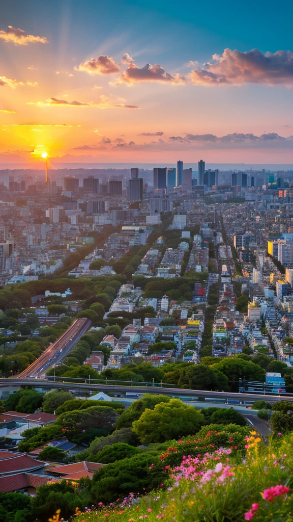 a view of a city with tall buildings and a green park, a picture by Naondo Nakamura, unsplash, sōsaku made, tokyo japan, arafed view of a field of flowers with a sunset in the background, floral sunset, warm beautiful scene, beautiful sunrise, flowers sea everywhere, sunset warm spring, beautiful sunset, magnificent background, vibrant sunrise, beautiful sunset glow, breathtaking landscape, stunning sunset, field of flowers, at sunrise in springtime, sunset glow, beautiful sunrise lighting, flower field, sunset sunrise tokyo city, tokyo city in the background, tokio, tokyo, japanese city, tokyo prefecture, new tokyo, aerial view of a city, tokyo in the background, bird's eye view of a city