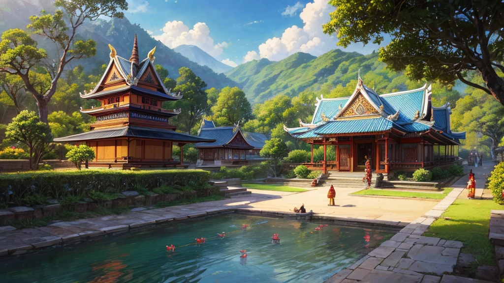 painting of a village with people walking down a path, bali, traditional art, by I Ketut Soki, inspired by I Ketut Soki, in a temple, vietnamese temple scene, beautiful depiction, temple fair, temple background, thailand art, very detailed painting, traditional painting, very detailed oil painting, incredible painting, by Sasha Putrya