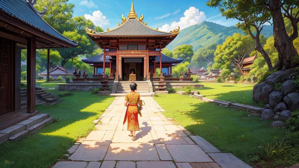painting of a village with people walking down a path, bali, traditional art, by I Ketut Soki, inspired by I Ketut Soki, in a temple, vietnamese temple scene, beautiful depiction, temple fair, temple background, thailand art, very detailed painting, traditional painting, very detailed oil painting, incredible painting, by Sasha Putrya