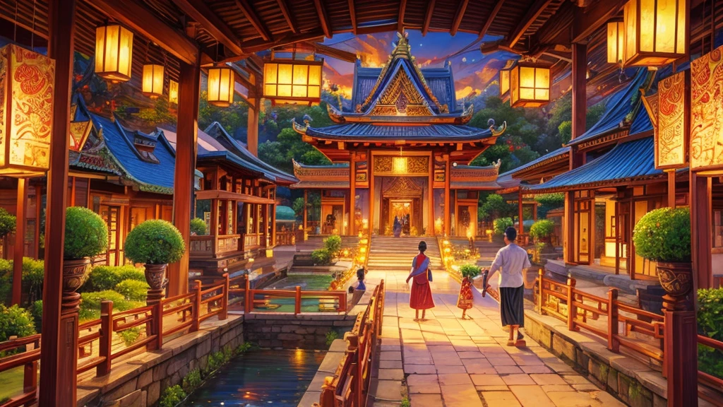 painting of a village with people walking down a path, bali, traditional art, by I Ketut Soki, inspired by I Ketut Soki, in a temple, vietnamese temple scene, beautiful depiction, temple fair, temple background, thailand art, very detailed painting, traditional painting, very detailed oil painting, incredible painting, by Sasha Putrya