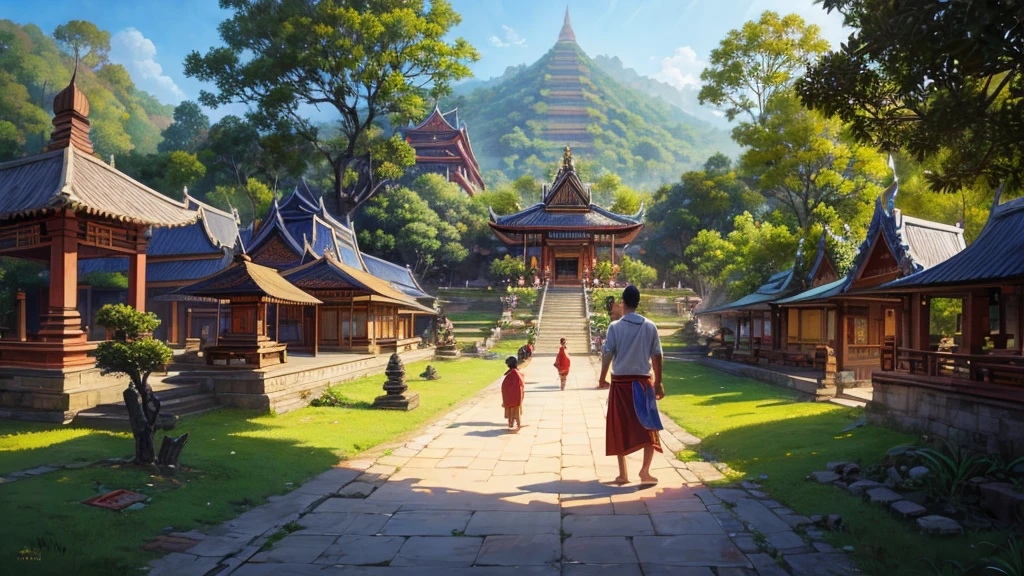 painting of a village with people walking down a path, bali, traditional art, by I Ketut Soki, inspired by I Ketut Soki, in a temple, vietnamese temple scene, beautiful depiction, temple fair, temple background, thailand art, very detailed painting, traditional painting, very detailed oil painting, incredible painting, by Sasha Putrya