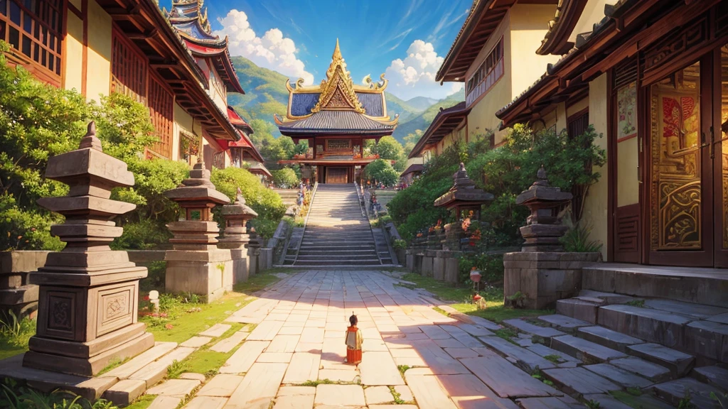 painting of a village with people walking down a path, bali, traditional art, by I Ketut Soki, inspired by I Ketut Soki, in a temple, vietnamese temple scene, beautiful depiction, temple fair, temple background, thailand art, very detailed painting, traditional painting, very detailed oil painting, incredible painting, by Sasha Putrya