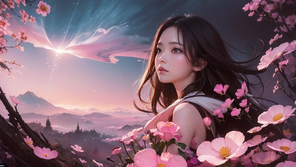 32k, Masterpiece, Highest quality, One girl, Detailed eyes, flower,Sandersonia, Pink and brown style,A dreamy, romantic piece,Pale pink, Mysterious Leaves,A playful arrangement,Fantasy,High Contrast,Ink strokes,explosion,Exposure, Impression of pink and brown tones,Abstract,((Watercolours by John Berkey and Jeremy Mann )) Brush strokes,Negative Space, Tyndall effect,