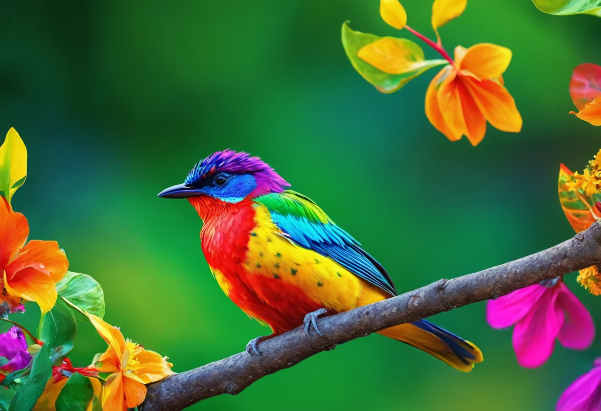 A brightly colored bird perched on a branch with leaves and flowers, Colorful HD images, Colorful 8 k, Beautiful and colorful, Beautiful colorful, Multicolored birds, Long colorful bird, Colorful 4K, Beautiful and vibrant colors, Vibrant colors with attention to detail, Colorful feathers, Beautiful Nature, Vibrant and realistic colors, Surreal Bird, Wonderfully colorful, Highly detailed digital art in 4K