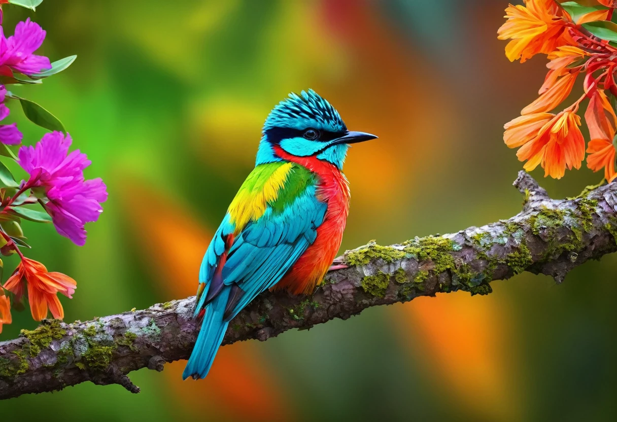 A brightly colored bird perched on a branch with leaves and flowers, Colorful HD images, Colorful 8 k, Beautiful and colorful, Beautiful colorful, Multicolored birds, Long colorful bird, Colorful 4K, Beautiful and vibrant colors, Vibrant colors with attention to detail, Colorful feathers, Beautiful Nature, Vibrant and realistic colors, Surreal Bird, Wonderfully colorful, Highly detailed digital art in 4K