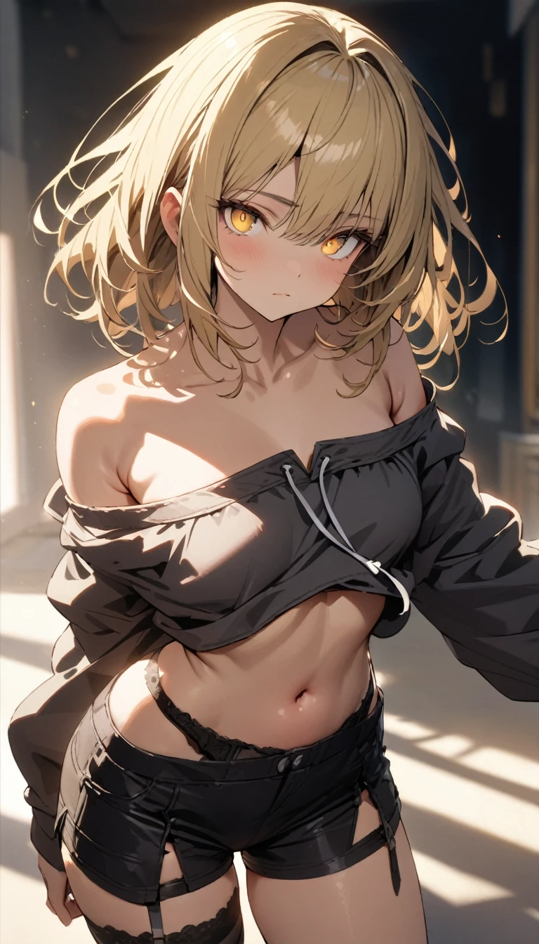 a handsome girl, solo, blond, yellow eyes, bright eyes, bangs, navel, BREAK (off-shoulder hoodie, black shorts:1.5), black garter belt, expressionless, blurry background, perfect lighting, masterpiece, best quality, extremely detailed face, extremely detailed,