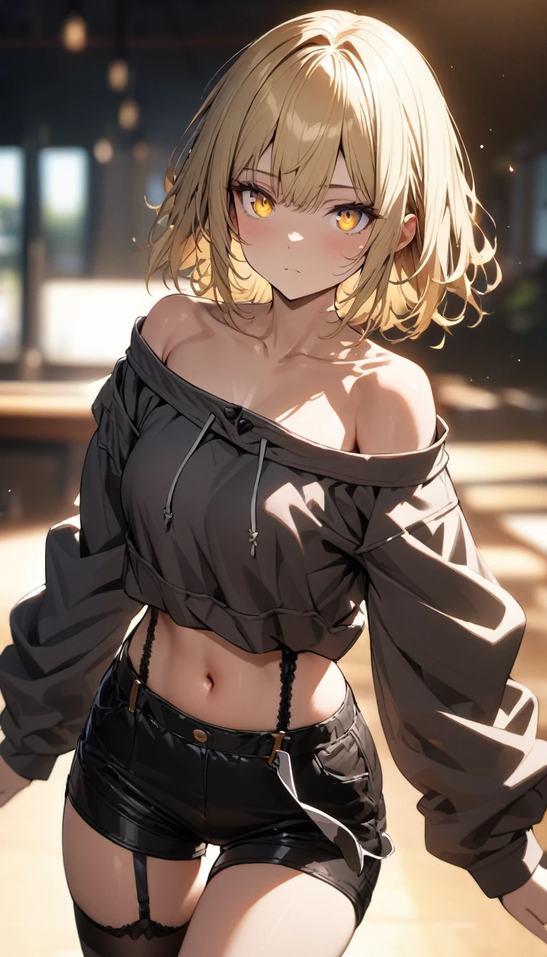 a handsome girl, solo, blond, yellow eyes, bright eyes, bangs, navel, BREAK (off-shoulder hoodie, black shorts:1.5), black garter belt, expressionless, blurry background, perfect lighting, masterpiece, best quality, extremely detailed face, extremely detailed,
