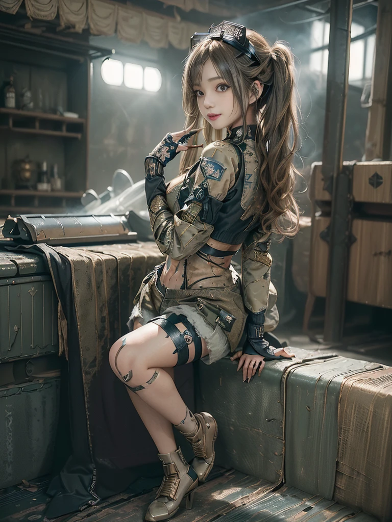 (Full Body View:1.5)、(Back view:1.4)、(Please smile with your teeth showing:1.3),(Shibuya Gal:1.5)、(Gothic Lolita style fashion:1.5)、(Tattered khaki and gray futuristic micro high leg bodysuit:1.5)、(Tattered Khaki and Moss Green Micro Fancy Sleeves:1.5)、(Tattered khaki micro shorts:1.5)、(Brown and khaki knee socks:1.3)、(camouflage:1.3)、(Military jacket:1.4)、Brown boots、Khaki gloves、internal、(The underwear is striped:1.4)、23 years old、(do a gravure pose:1.3)、((Highest quality、8K、masterpiece:1.3))、One girl、The beauty of slim abs:1.3、(Hairstyle Casual、Big Tits:1.1)、dress:1.1、Super small face、Narrow eyes、double eyelid、Laughter、Esbian all over、Dynamic Angle、Close-up、CPL Filter、Blurred Background、Bokeh、Blue Hour、Detailed face and skin texture、Detailed Eyes,(Twin tails:1.3)、(Brown-golden hair:1.4)、Gravure idol pose、(The background shows a futuristic hovercraft bike flying through the air.:1.3)、(The body is slim:1.2),(Slim legs:1.4),(clavicle:1.1)