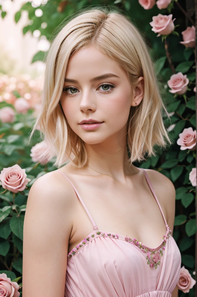 8k, RAW photo, Fujifilm, style photo of a beautiful young woman as avril in a garden of light pink roses (highly detailed skin: 1.2) Style-Petal BREAK short hair, blonde hair with colored locks, wearing a dress, film granulation, 35mm, cute style