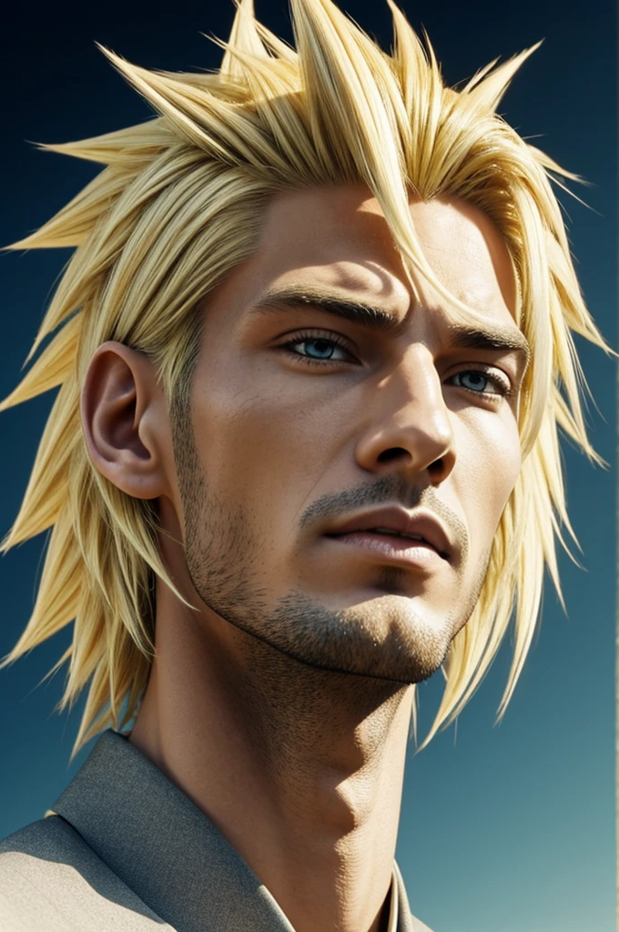A tall man who looks like a lizard has a pointed snout and has blonde spiky hair in an anime style