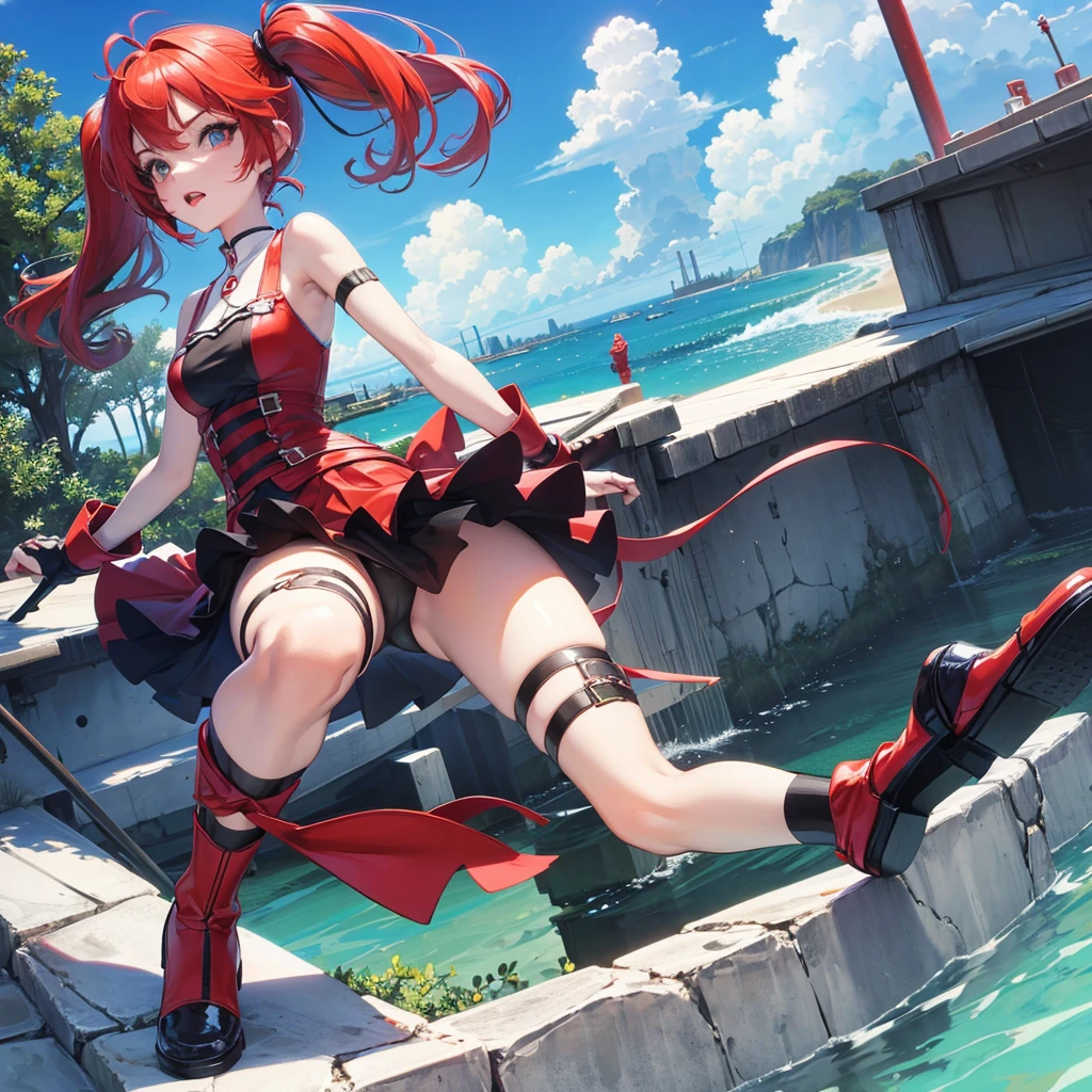 Anime, girl in a short miniskirt, panties visible, red-blue hair, Twin Tail, in a beautiful area, views from below. 3D