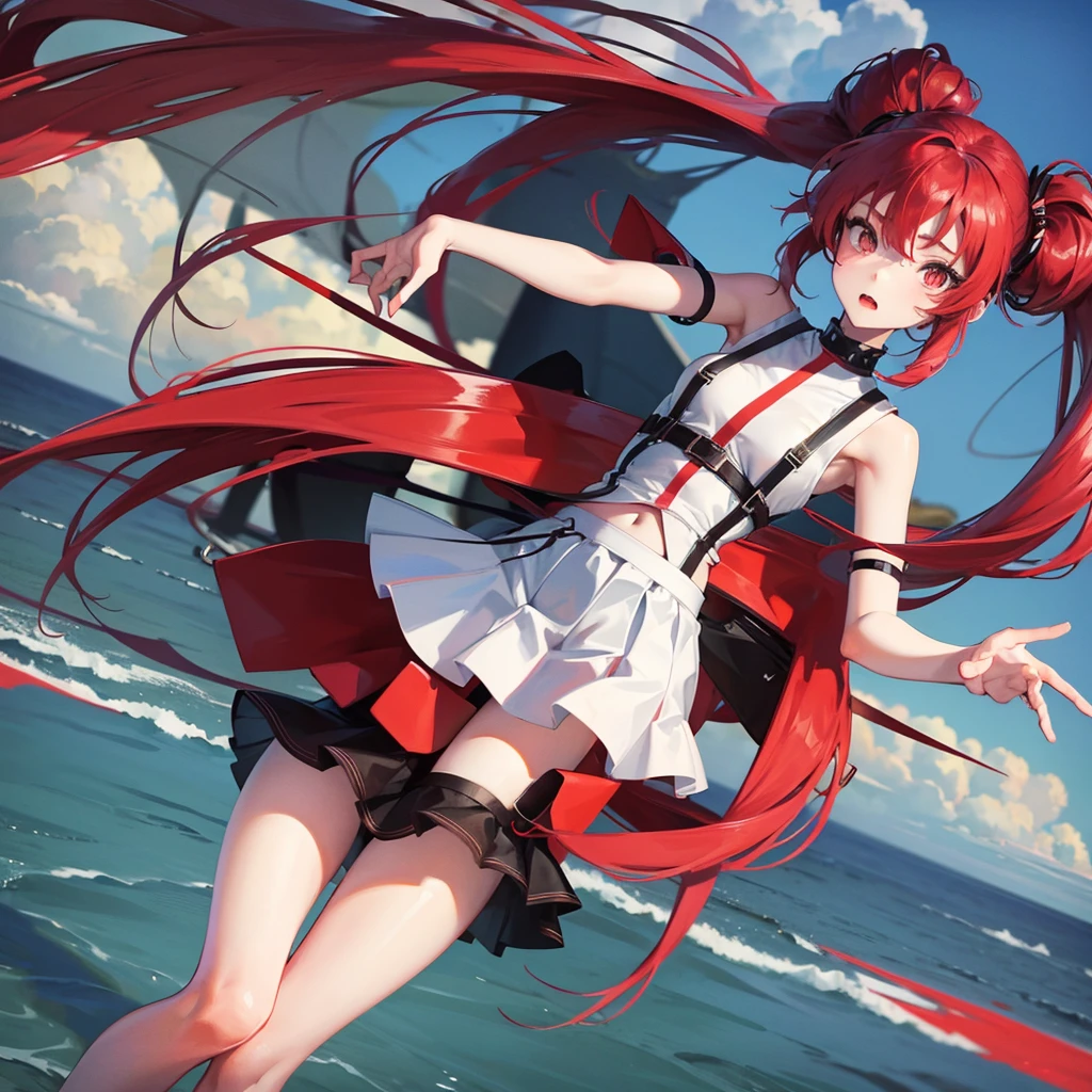 Anime, girl in a short miniskirt, panties visible, red-blue hair, Twin Tail, in a beautiful area, views from below. 3D