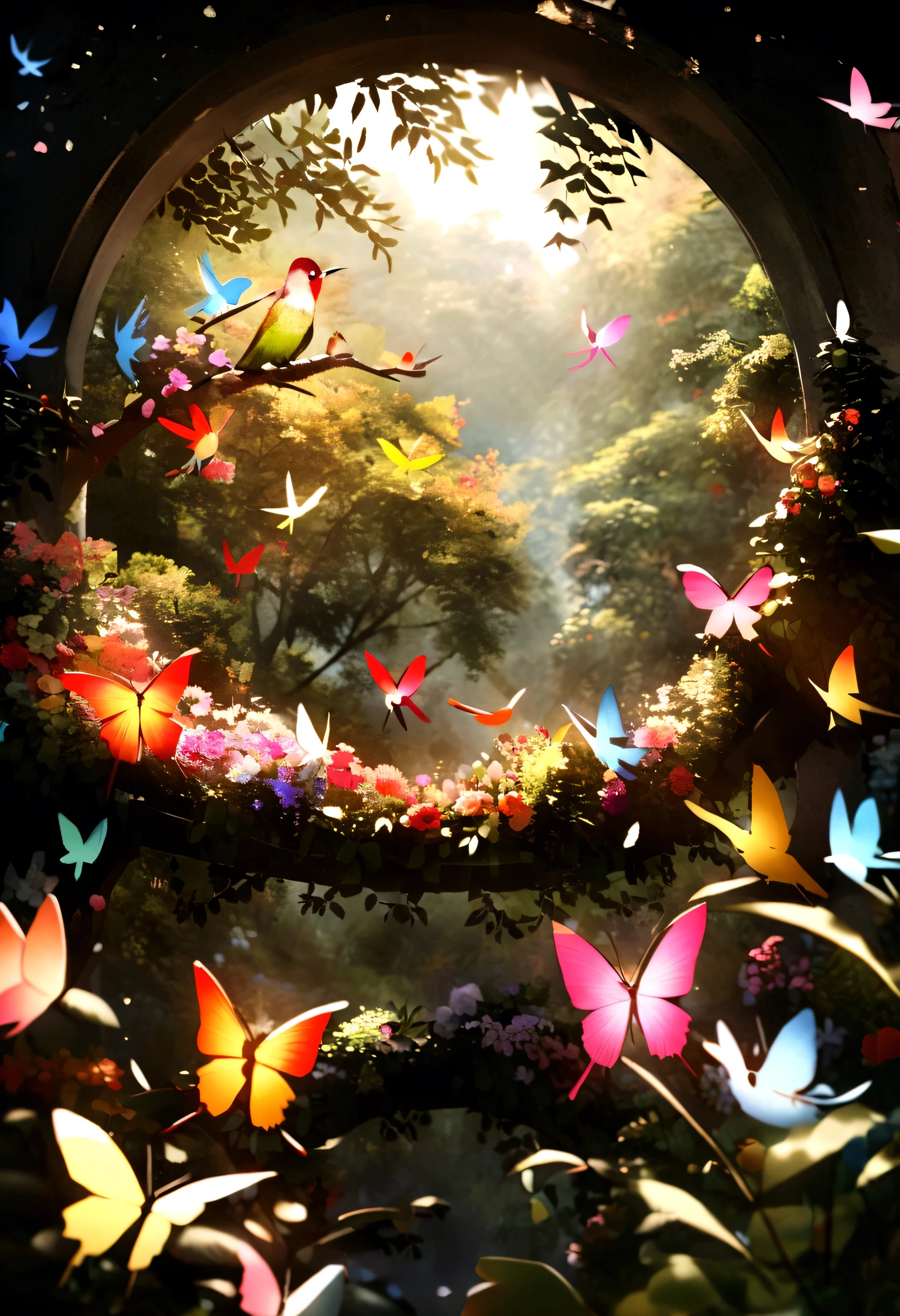 Create photo background for me with enchanting garden theme eco elements flowers, The butterfly tree and everything is very colorful and beautiful、Great for birds and hummingbirds squirrels