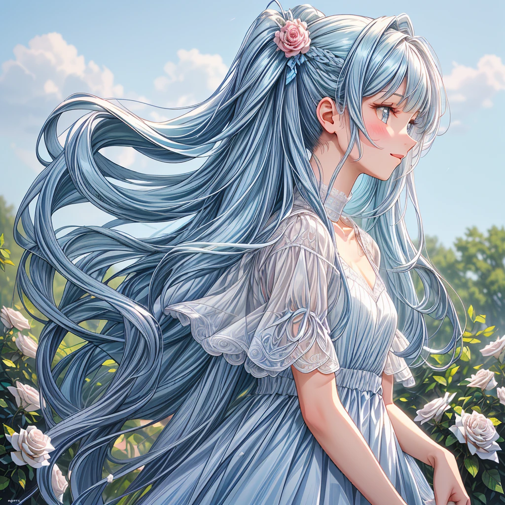 masterpiece, best quality, extremely detailed, (illustration, official art:1.1), 1 girl ,(((( light blue long hair)))), ,(((( light blue long hair)))),light blue hair, ,, long hair ((blush)) , cute face, big eyes, masterpiece, best quality,(((((a very delicate and beautiful girl))))),Amazing,beautiful detailed eyes,blunt bangs((((little delicate girl)))),tareme(true beautiful:1.2), sense of depth,dynamic angle,,,Candle, affectionate smile, (true beautiful:1.2),(flat chest)) 、(ultra-detailed, master piece, best quality, high resolution, skin indentation, super fine illustration, intricate composition:1.2),beautiful detailed eyes, (photo realistic:0.5), ulutra detailed background, 1girl, solo, twintails, feel the wind, (hair fluttering in the wind:1.2), out door, upper body, profile,short-sleeved shirt, rose garden,(((facial profile))), (look at viewers)
