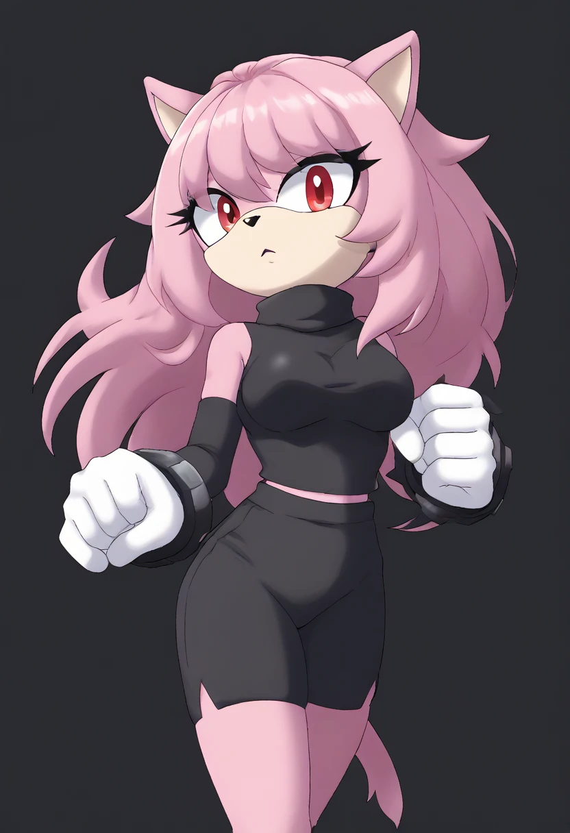 (1girl), (solo), Female Cat, pink fur, pink hair, long hair, lower back length hair, large hair bangs, (side locks/quills over shoulders), red eyes, (medium breasts), (black sleeveless top), turtleneck, ((black yoga shorts)), white gloves with black cuffs, black arm warmers, eyelashes, tough expression, daytime, mobian, mobius city