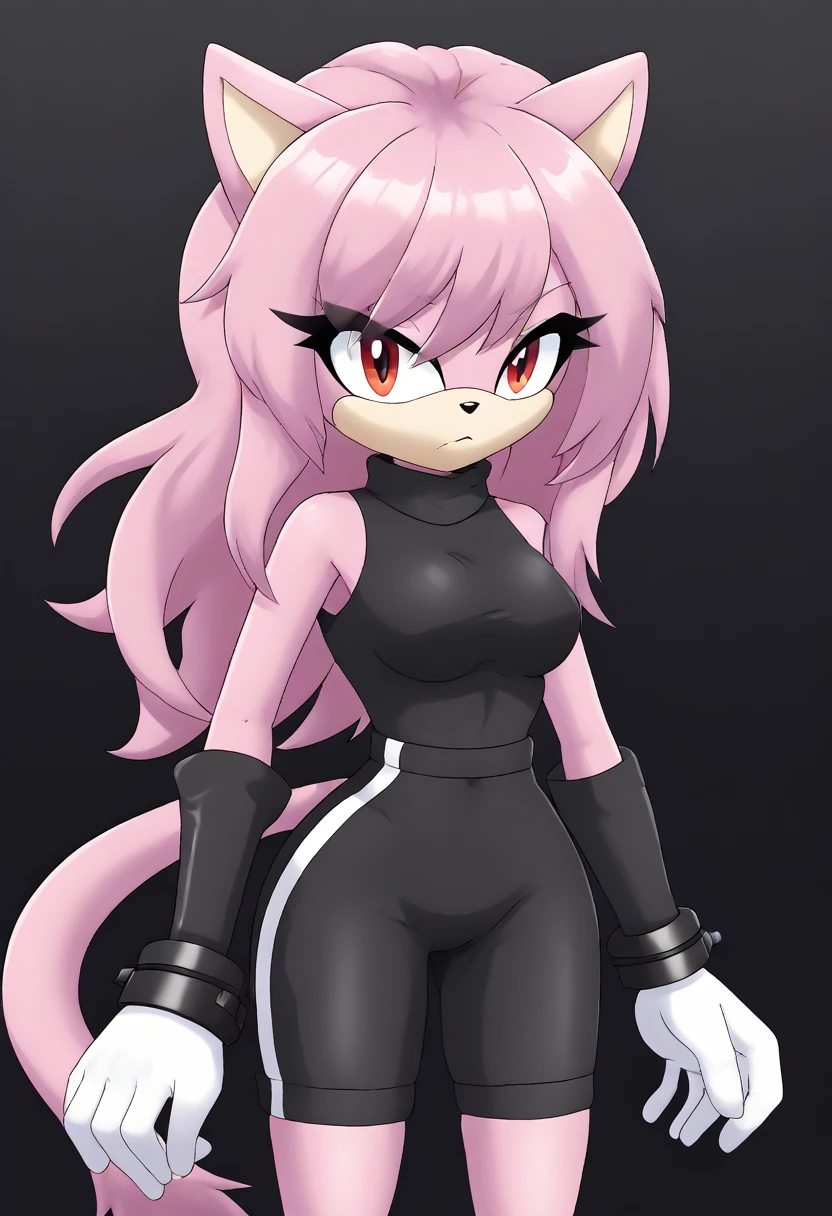 (1girl), (solo), Female Cat, pink fur, pink hair, long hair, lower back length hair, large hair bangs, (side locks/quills over shoulders), red eyes, (medium breasts), (black sleeveless top), turtleneck, ((black yoga shorts)), white gloves with black cuffs, black arm warmers, eyelashes, tough expression, daytime, mobian, mobius city