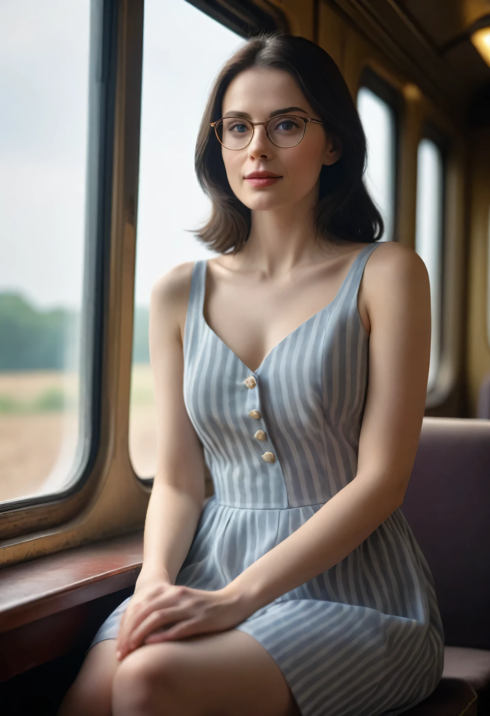(Best quality, Ultra detailed, Golden ratio, Masterpiece:1.2), Theatrical lighting:0.7, Photo of a woman, dressed in a very elegant and pretty dress, Perfect rare face, (Highly detailed skin), long black straight hair, skin texture, Pale skin, shiny skin, (thin, large size:1.5), [:(Sharp focus on rare face, perfect eyes:1.5):0.2], photorealistic, film grain, Put one foot forward, from below looking up, look at camera, Emphasize the shoulders, Focus on face, Stockings, glasses, Smile with corners of mouth raised, disdainful expression, summer haze, muted colors, muted warm colors, Photo cinematic portrait of a woman dressed in a striped dress sitting by the window in the early morning, cinematic, (tilted:1.3) (on an old train) look cautious, standing under a spotlight, volumetric dust clouds, key light, backlight, soft natural lighting, photography Film grain ISO 600 30 mm lens RAW f1.8 aperture, highly detailed (analog photography:1), colors hdr