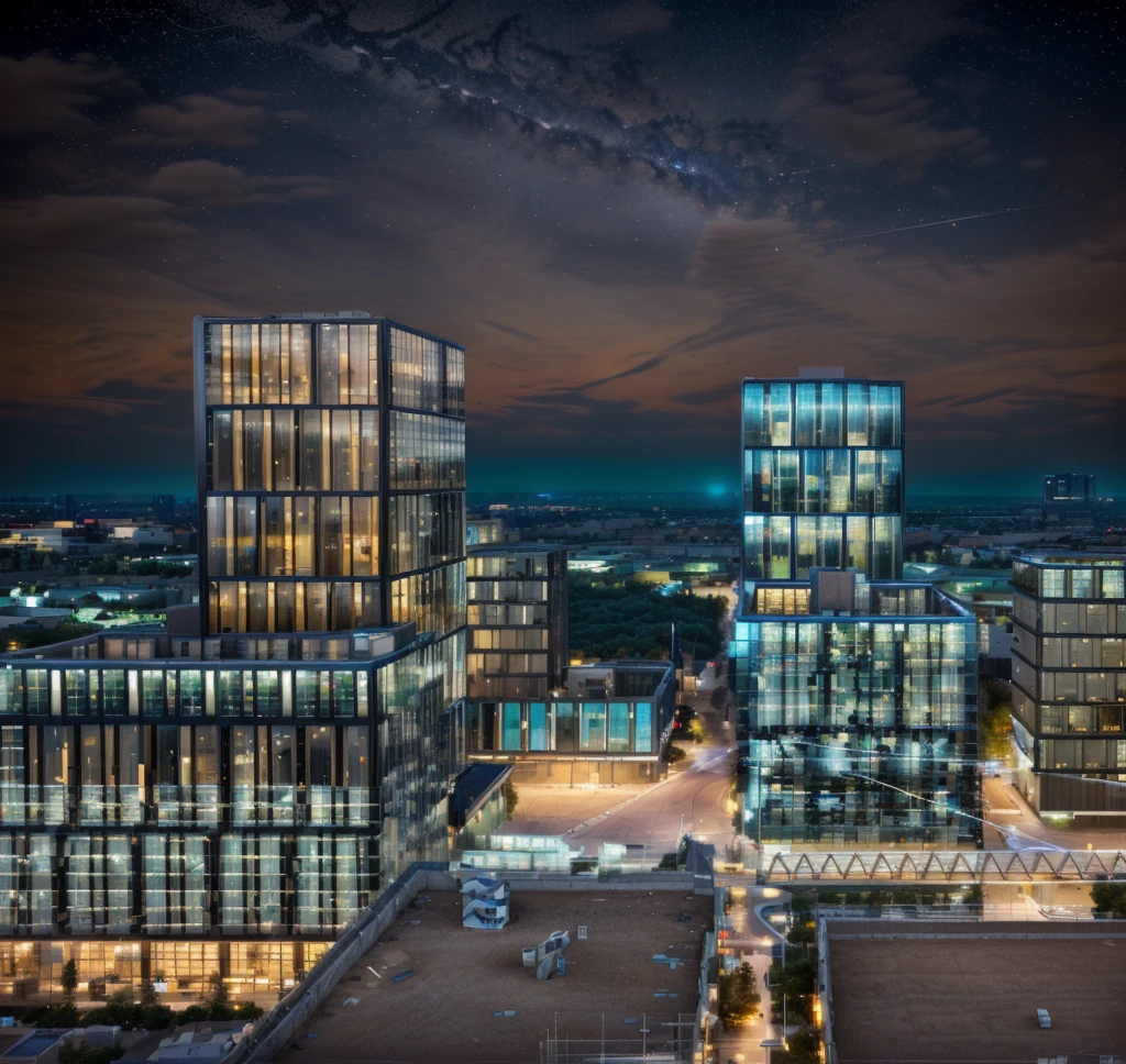 The sky is dotted with stars at night，City建筑, Wide field of view, High-rise office building, Office lighting, Vision, The above points, baotou china, Hybrid development, City, Lighting up distant buildings, High field of view, High-rise buildings，masterpiece，High Detail，HD resolution，8K