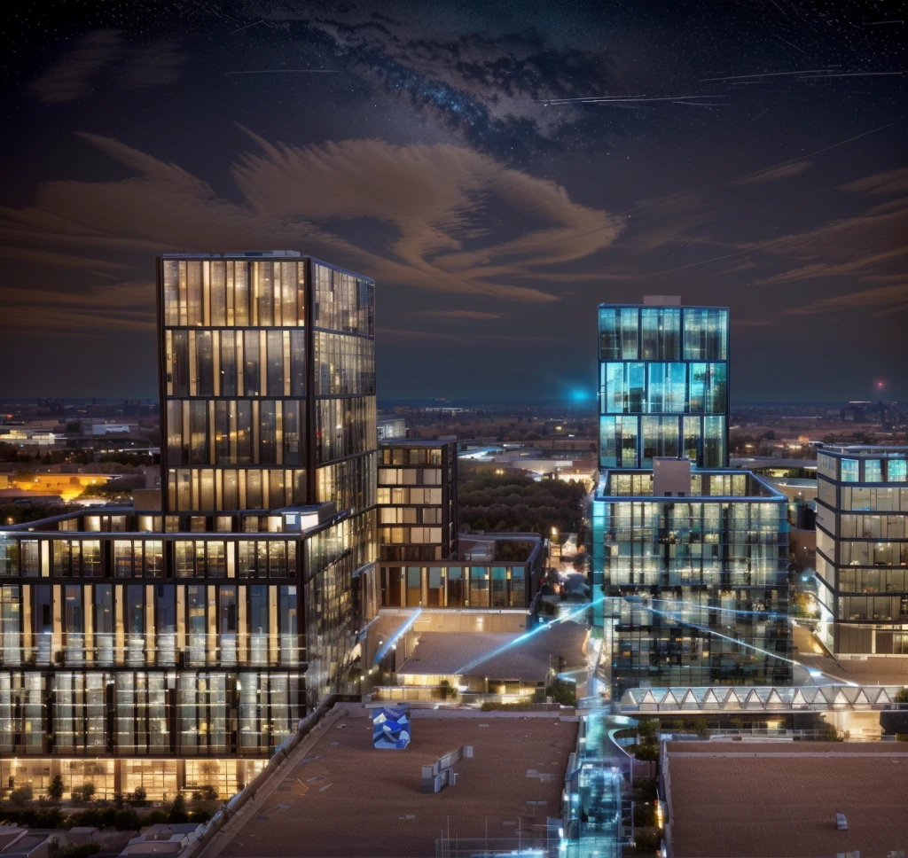 The sky is dotted with stars at night，City建筑, Wide field of view, High-rise office building, Office lighting, Vision, The above points, baotou china, Hybrid development, City, Lighting up distant buildings, High field of view, High-rise buildings，masterpiece，High Detail，HD resolution，8K