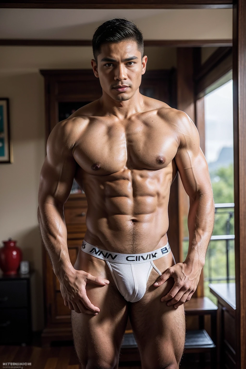 Ancient Thai uncle,50 year old,Thai nationality,Thai ethnicity,background is Bedroom decorated in Thai style,skinny boy body, muscle body,sport body, big muscle, Handsome face,Six Pack,muscle,Crew Cut Men's hairstyle, He was wearing tight White Calvin Klein underwear and curved legs., perfect , male , correct male scrotum, perfect scrotum, male structure, short detailed hair, Sexy guy, looking at viewer, standing,highest detail, superior quality, natural lighting, beautiful, sexy, correct anatomy, good composition, man focus,amazing composition, front view, HDR, volumetric lighting, ultra quality, elegant,vpl,the middle of the picture,post a erotic photoshoot,Realistic pose,Fujifilm XT3 photorealistic art by midjourney,(Best quality, 8k, Masterpiece).,highest detail, superior quality, natural lighting,realistic shapes, realistic skin tones,Natural eyes,realistic eyes,Open your eyes,Thai skin color color,Have chest hair, Have belly hair, Have pubic hair,Realistic convex crotch,Prominent crotch,huge crotch,tight crotch,vpl,realistic muscles,Realistic wrinkles on the skin,Realistic arms and legs,Realistic face,realistic hair
