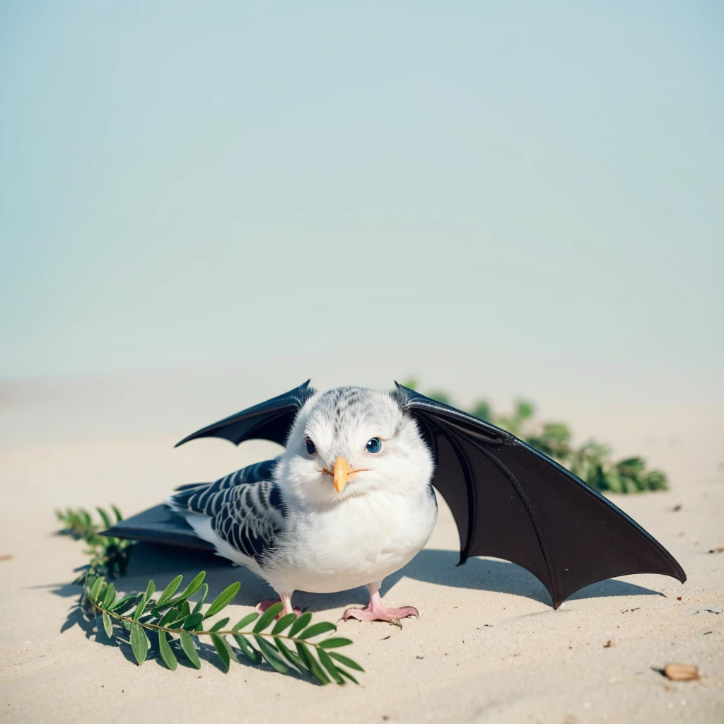 Small Animaly, has green stripes on his skin, blue eyes, seagull mixed with bat, Grassroots, no background