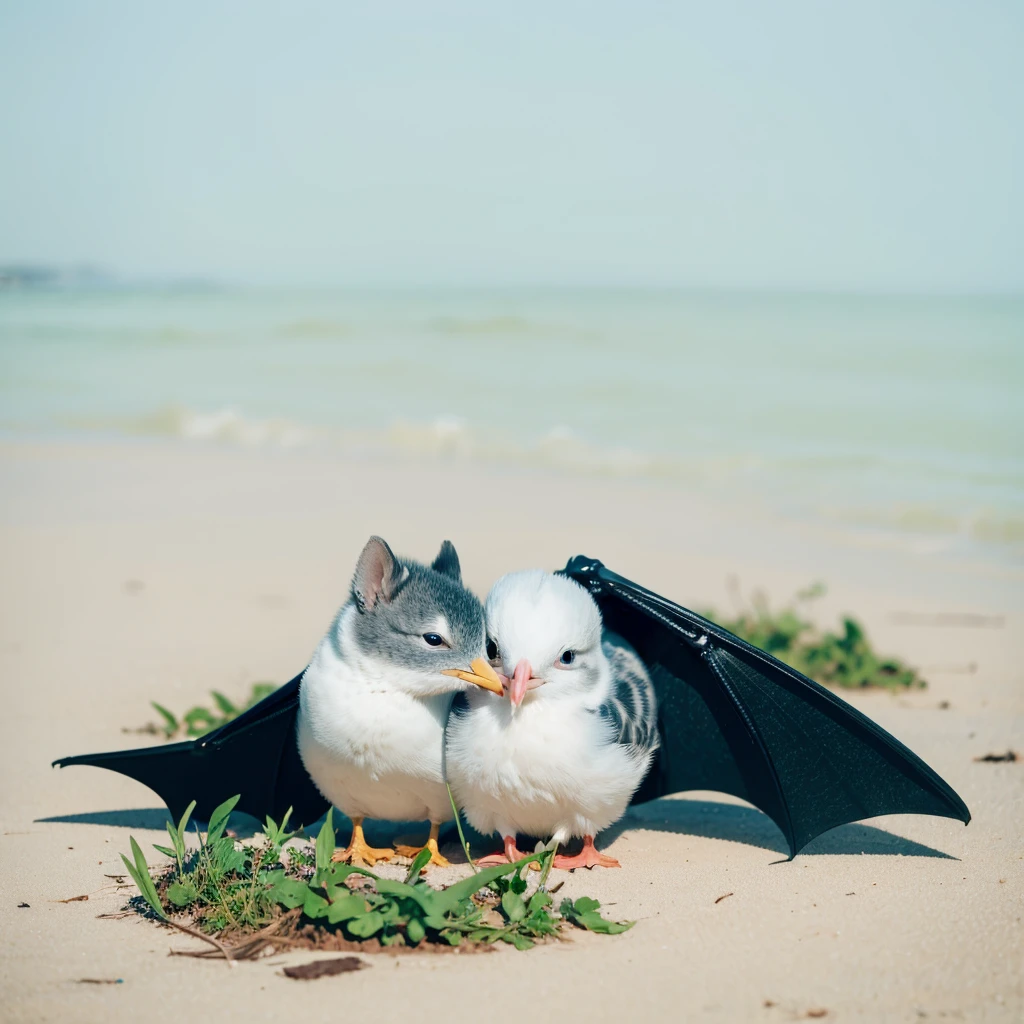 Small Animaly, has green stripes on his skin, blue eyes, seagull mixed with bat, Grassroots, no background
