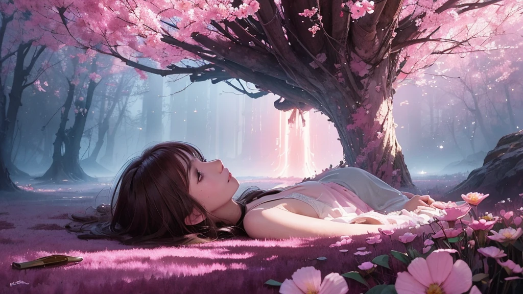 32k, Masterpiece, Highest quality, One girl, Detailed eyes, flower,Sandersonia, Pink and brown style,A dreamy, romantic piece,Pale pink, Mysterious Leaves,A playful arrangement,Fantasy,High Contrast,Ink strokes,explosion,Exposure, Impression of pink and brown tones,Abstract,((Watercolours by John Berkey and Jeremy Mann )) Brush strokes,Negative Space, Tyndall effect,
