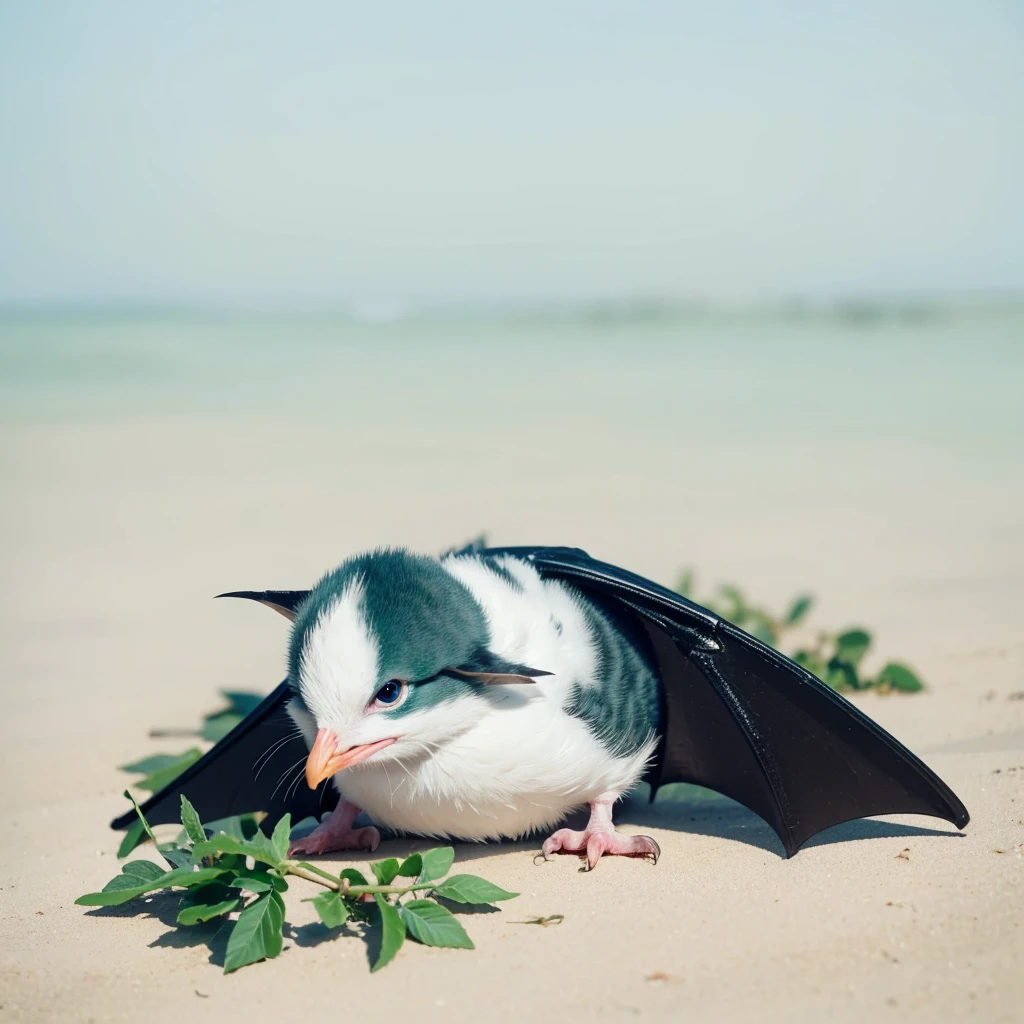 Small Animaly, has green stripes on his skin, blue eyes, seagull mixed with bat, Grassroots, no background