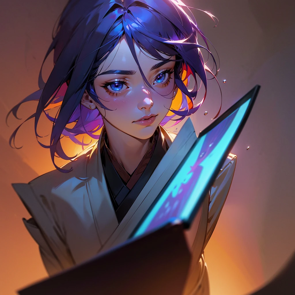 A young man with purple hair, holding an ancient tome, surrounded by a blue aura, intense blue eyes, wearing a fancy royal suit, in the Taisho period style, (best quality,4k,8k,highres,masterpiece:1.2),ultra-detailed,(realistic,photorealistic,photo-realistic:1.37),detailed beautiful eyes,detailed beautiful face,detailed beautiful lips,detailed character design,intricate detailed clothing,dramatic lighting,cinematic composition,vibrant colors,digital painting,concept art