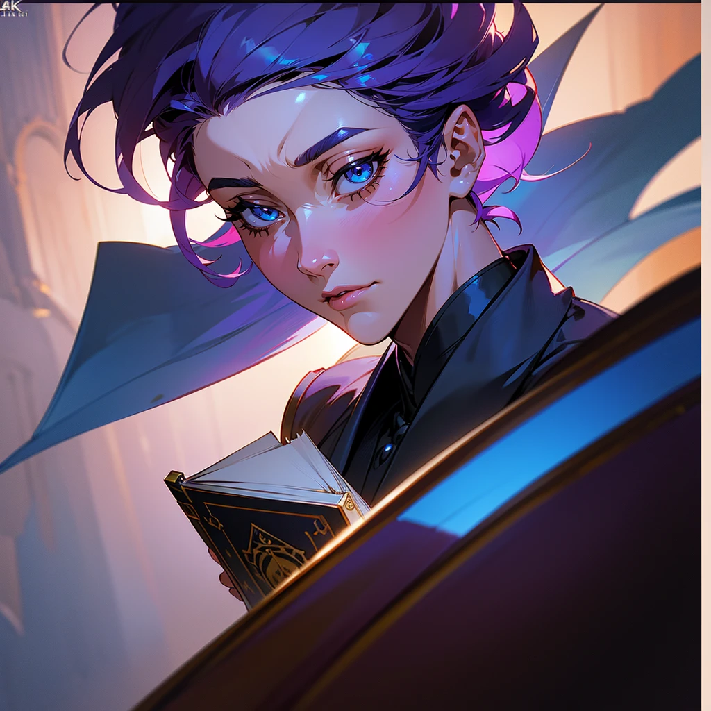 A young man with purple hair, holding an ancient tome, surrounded by a blue aura, intense blue eyes, wearing a fancy royal suit, in the Taisho period style, (best quality,4k,8k,highres,masterpiece:1.2),ultra-detailed,(realistic,photorealistic,photo-realistic:1.37),detailed beautiful eyes,detailed beautiful face,detailed beautiful lips,detailed character design,intricate detailed clothing,dramatic lighting,cinematic composition,vibrant colors,digital painting,concept art