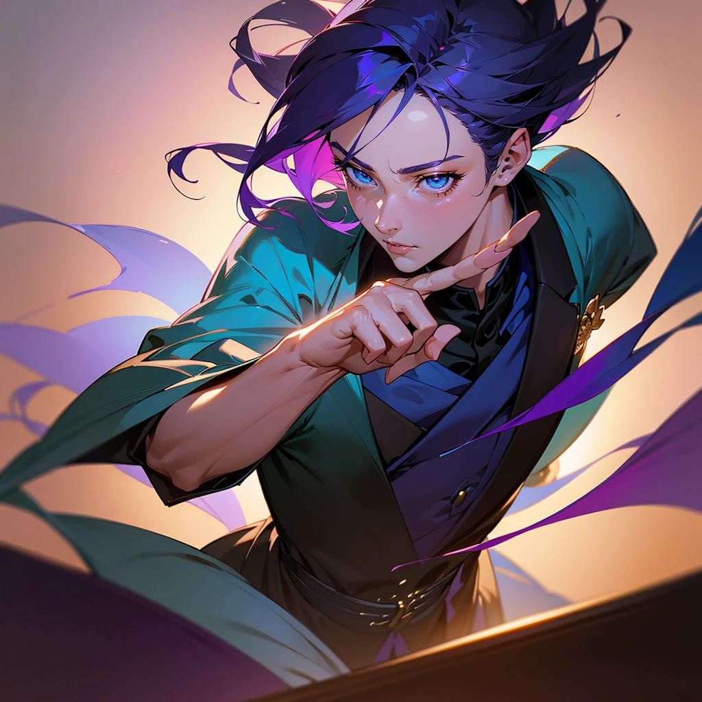 A young man with purple hair, holding an ancient tome, surrounded by a blue aura, intense blue eyes, wearing a fancy royal suit, in the Taisho period style, (best quality,4k,8k,highres,masterpiece:1.2),ultra-detailed,(realistic,photorealistic,photo-realistic:1.37),detailed beautiful eyes,detailed beautiful face,detailed beautiful lips,detailed character design,intricate detailed clothing,dramatic lighting,cinematic composition,vibrant colors,digital painting,concept art