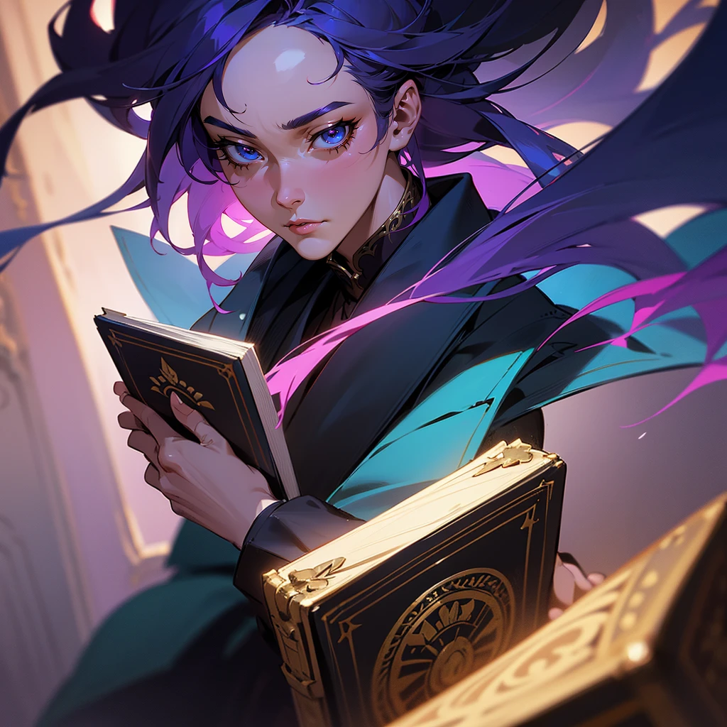 A young man with purple hair, holding an ancient tome, surrounded by a blue aura, intense blue eyes, wearing a fancy royal suit, in the Taisho period style, (best quality,4k,8k,highres,masterpiece:1.2),ultra-detailed,(realistic,photorealistic,photo-realistic:1.37),detailed beautiful eyes,detailed beautiful face,detailed beautiful lips,detailed character design,intricate detailed clothing,dramatic lighting,cinematic composition,vibrant colors,digital painting,concept art