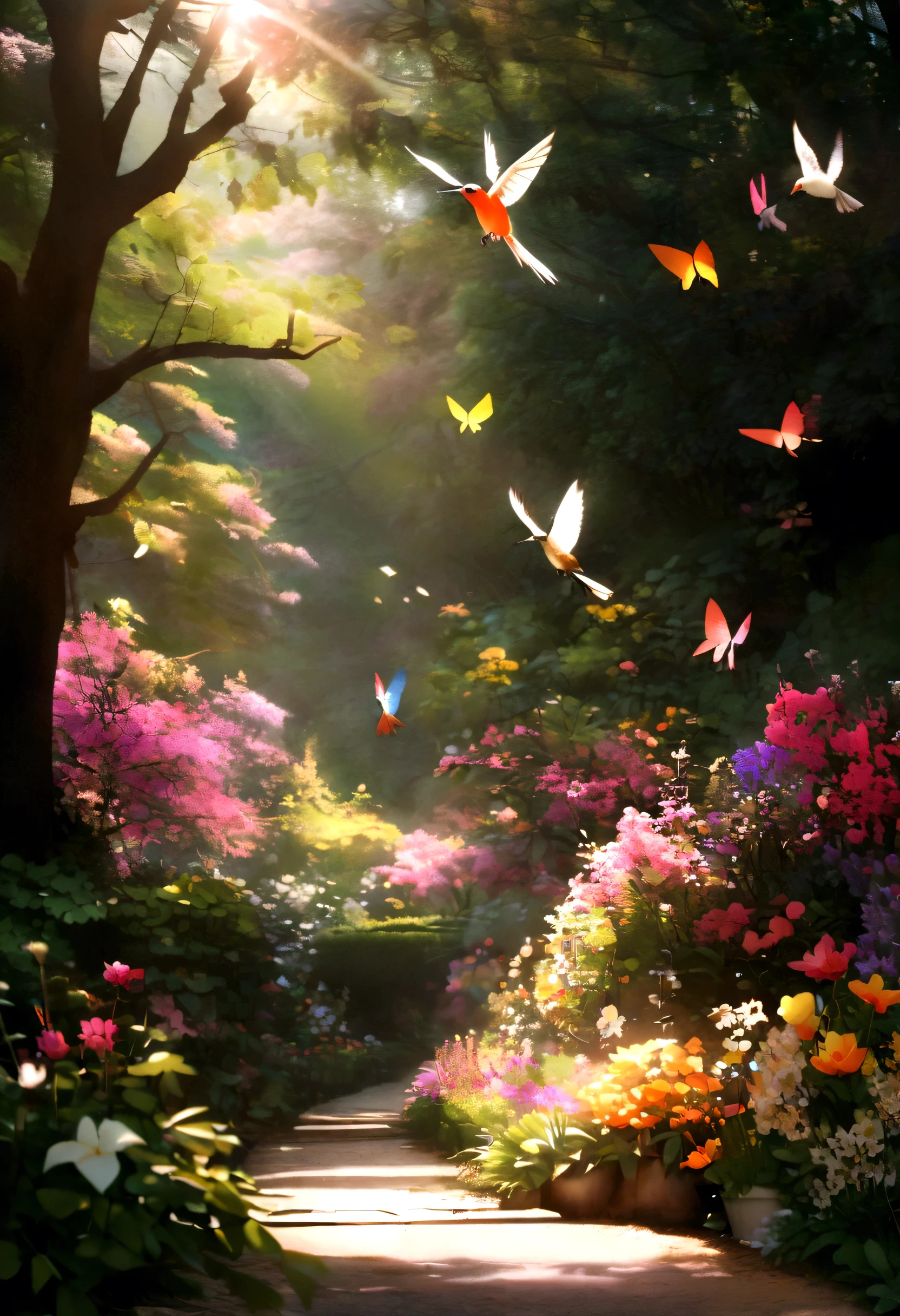 Create photo background for me with enchanting garden theme eco elements flowers, The butterfly tree and everything is very colorful and beautiful、Great for birds and hummingbirds squirrels