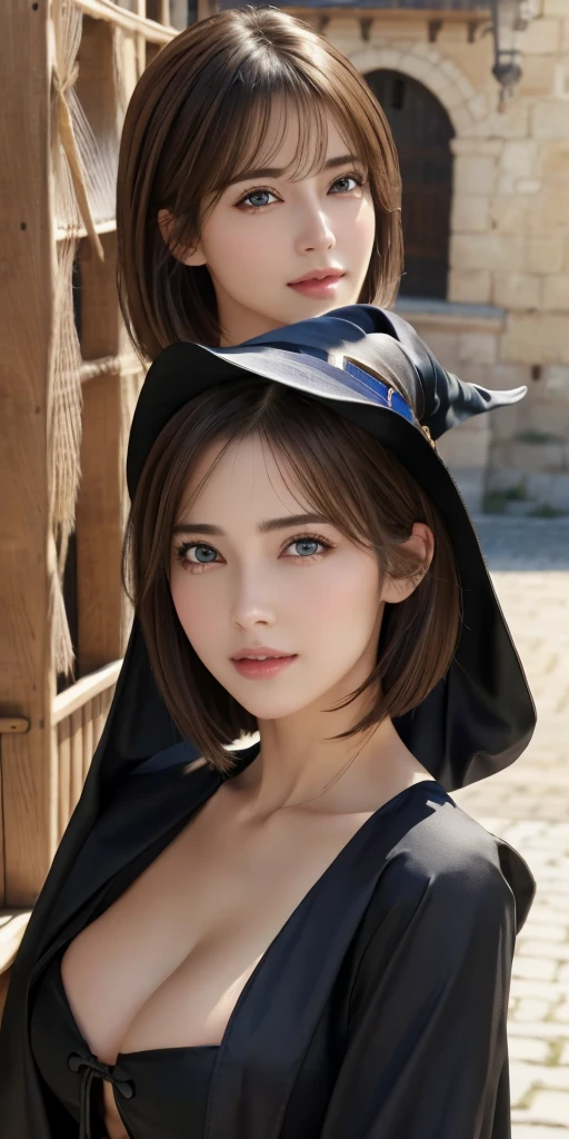 Photorealistic、highest quality、Highest quality、masterpiece、Ultra-high resolution、Raw photo、Realistic、Bright lighting、Face Light、Smooth Professional Lighting、Looking at the camera、alone、Adult women、Beautiful woman、Super Beauty、realistic skin、Moisturized Skin、Realistic eyes and faces、Perfect model body shape、Beautiful Eyes、Big eyes、Inconspicuous tear bags、slim、Medium sized big breasts、Beautiful fingers、Very short hair、Black Hair、black eye、seems to be happy、Cowboy Shot、(Both ears are hidden in the hair)、(((Witch Costume)))、Fantasy World、Medieval European streets