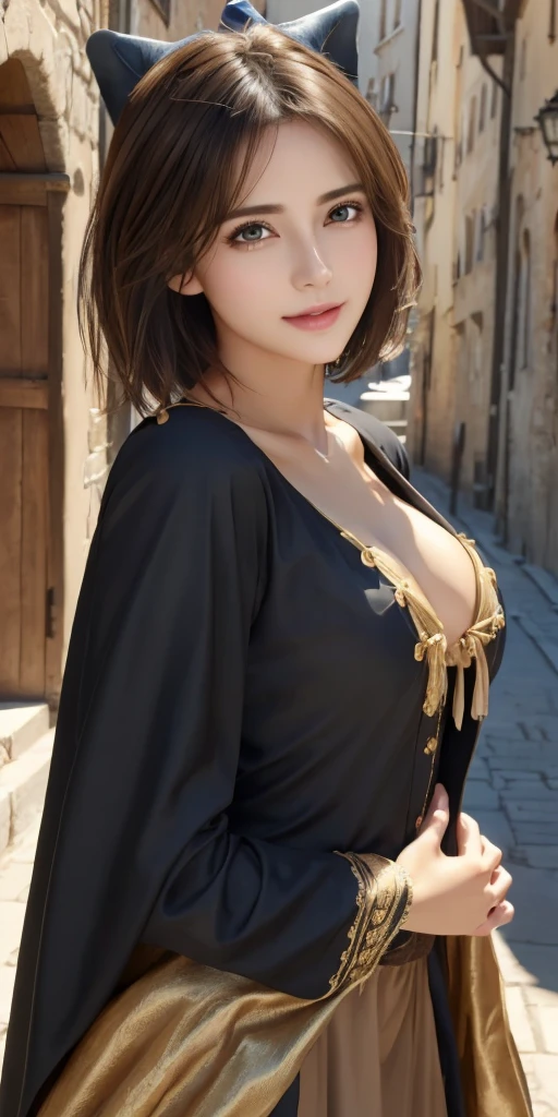 Photorealistic、highest quality、Highest quality、masterpiece、Ultra-high resolution、Raw photo、Realistic、Bright lighting、Face Light、Smooth Professional Lighting、Looking at the camera、alone、Adult women、Beautiful woman、Super Beauty、realistic skin、Moisturized Skin、Realistic eyes and faces、Perfect model body shape、Beautiful Eyes、Big eyes、Inconspicuous tear bags、slim、Medium sized big breasts、Beautiful fingers、Very short hair、Black Hair、black eye、seems to be happy、Cowboy Shot、(Both ears are hidden in the hair)、(((Witch Costume)))、Fantasy World、Medieval European streets
