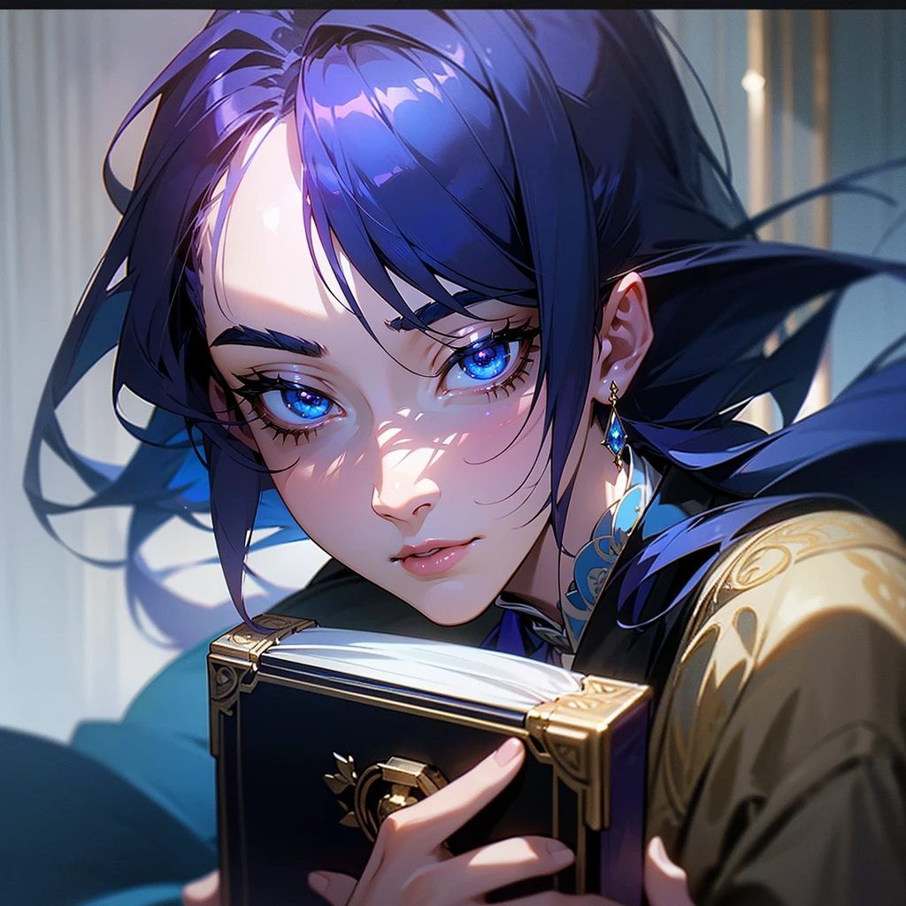 a male with purple hair, 18 years old, holding a magical tome, blue aura and eyes, wearing a fancy royal suit, taisho period style, (best quality,4k,8k,highres,masterpiece:1.2),ultra-detailed,(realistic,photorealistic,photo-realistic:1.37),intricate details,highly detailed face,extremely detailed eyes and face,beautiful detailed eyes,beautiful detailed lips,longeyelashes,ornate royal outfit,dramatic blue lighting,dramatic blue aura,moody atmosphere,elegant,cinematic,dramatic