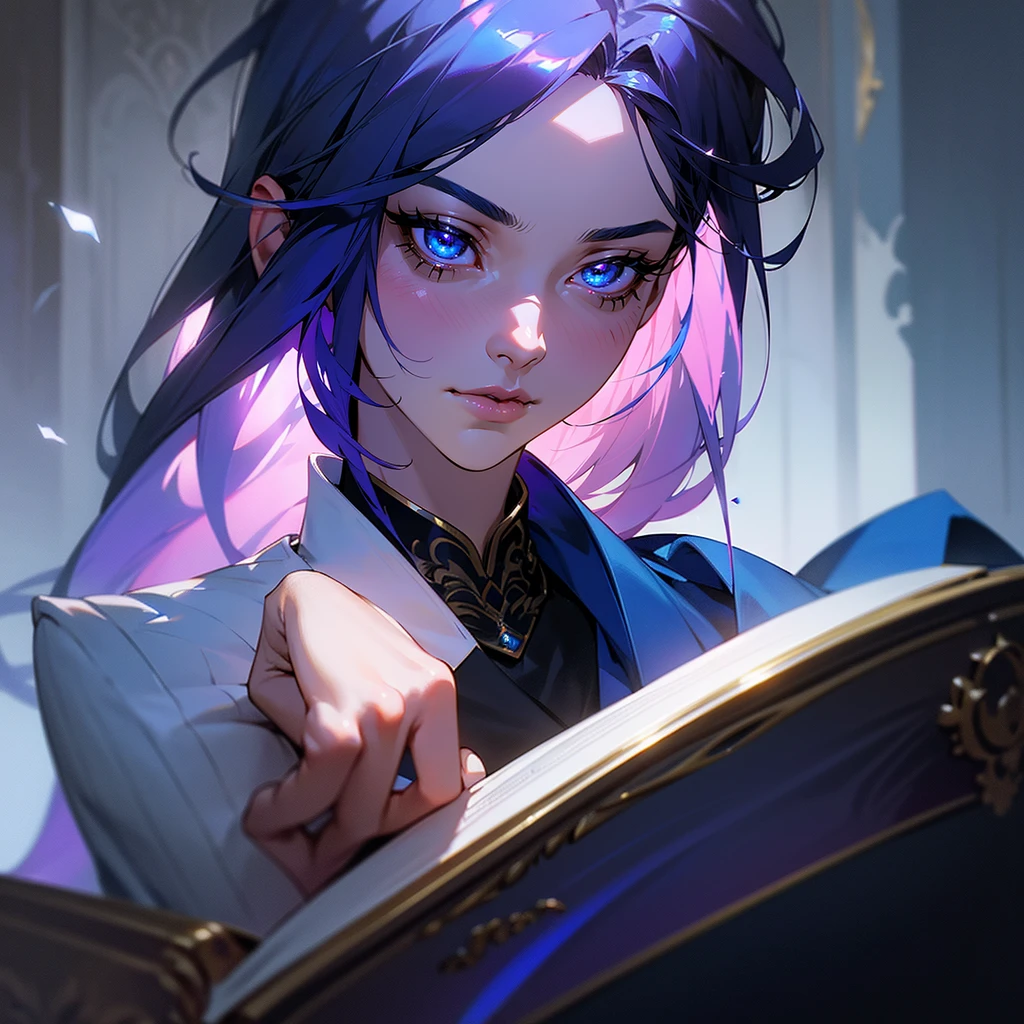 a male with purple hair, 18 years old, holding a magical tome, blue aura and eyes, wearing a fancy royal suit, taisho period style, (best quality,4k,8k,highres,masterpiece:1.2),ultra-detailed,(realistic,photorealistic,photo-realistic:1.37),intricate details,highly detailed face,extremely detailed eyes and face,beautiful detailed eyes,beautiful detailed lips,longeyelashes,ornate royal outfit,dramatic blue lighting,dramatic blue aura,moody atmosphere,elegant,cinematic,dramatic