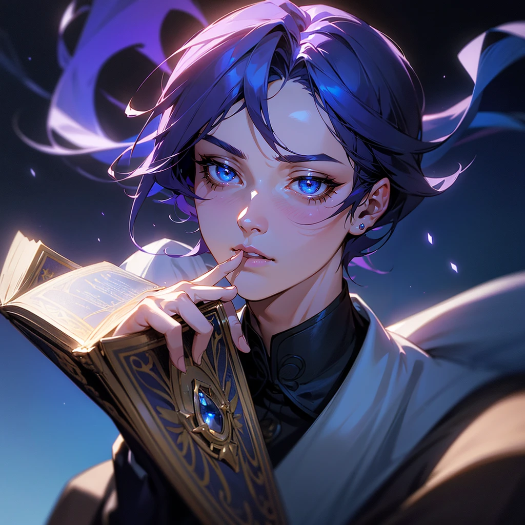 a male with purple hair, 18 years old, holding a magical tome, blue aura and eyes, wearing a fancy royal suit, taisho period style, (best quality,4k,8k,highres,masterpiece:1.2),ultra-detailed,(realistic,photorealistic,photo-realistic:1.37),intricate details,highly detailed face,extremely detailed eyes and face,beautiful detailed eyes,beautiful detailed lips,longeyelashes,ornate royal outfit,dramatic blue lighting,dramatic blue aura,moody atmosphere,elegant,cinematic,dramatic