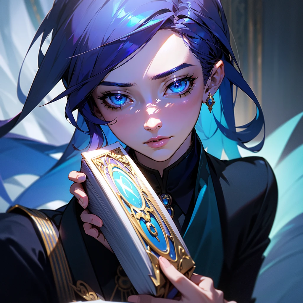 a male with purple hair, 18 years old, holding a magical tome, blue aura and eyes, wearing a fancy royal suit, taisho period style, (best quality,4k,8k,highres,masterpiece:1.2),ultra-detailed,(realistic,photorealistic,photo-realistic:1.37),intricate details,highly detailed face,extremely detailed eyes and face,beautiful detailed eyes,beautiful detailed lips,longeyelashes,ornate royal outfit,dramatic blue lighting,dramatic blue aura,moody atmosphere,elegant,cinematic,dramatic