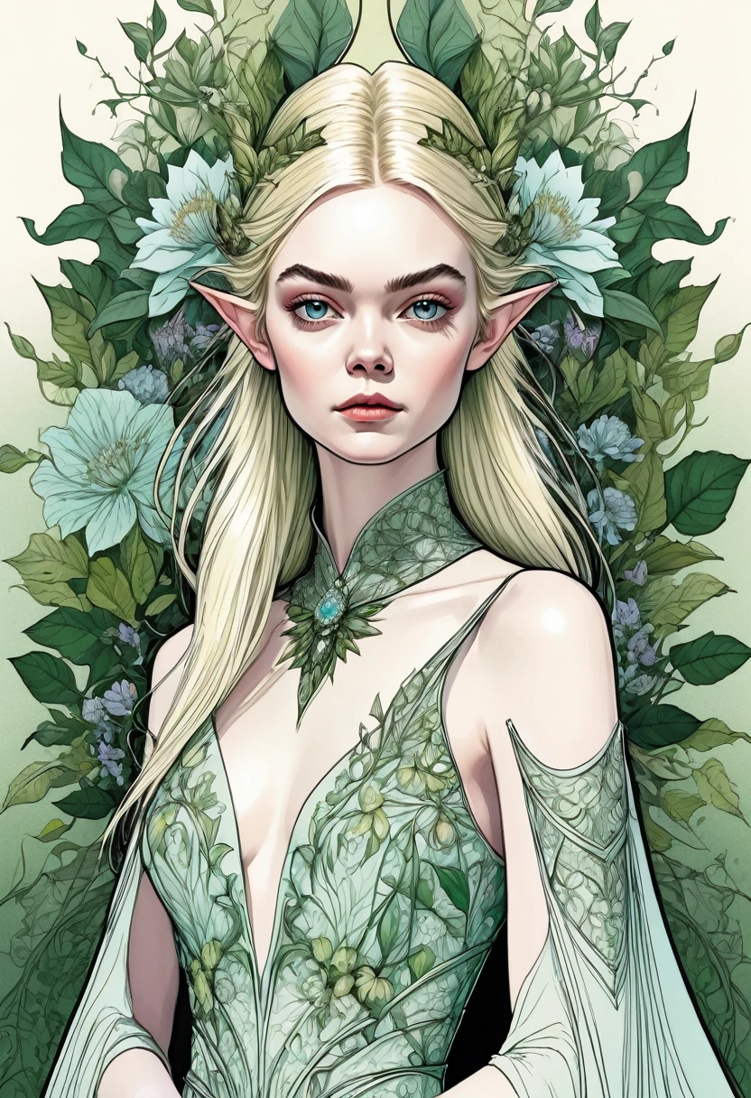 A gorgeous and beautiful elven warrior queen, evening dress, Fractal Magic, Illustrations in the style of Travis Charest, Ink Line Drawing, poster, Elle Fanning (Elle Fanning) model, CG Society, Fantasy Art, detailed illustration, mystery, Botanical masterpiece, detailed, Surrealism, Elements of Symbolism and Surrealism, Complex design, Intertwined, Beautiful woman, Flowers, Pastel.