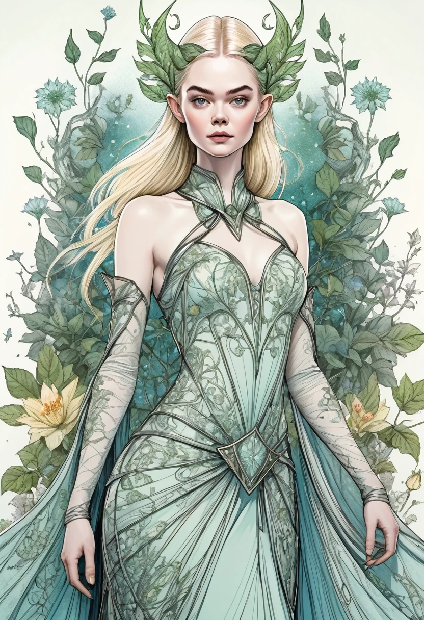 A gorgeous and beautiful elven warrior queen, evening dress, Fractal Magic, Illustrations in the style of Travis Charest, Ink Line Drawing, poster, Elle Fanning (Elle Fanning) model, CG Society, Fantasy Art, detailed illustration, mystery, Botanical masterpiece, detailed, Surrealism, Elements of Symbolism and Surrealism, Complex design, Intertwined, Beautiful woman, Flowers, Pastel.